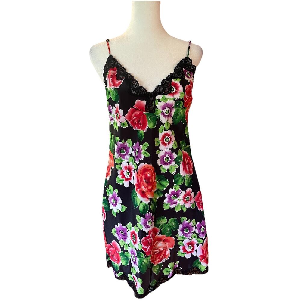 Vintage 90’s Victorias Secret Floral Satin Lace Slip Dress P Gold Label